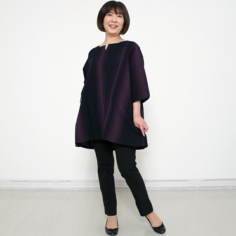 【送料込】宮田織物 ことん 鵯 ひよどり チュニック ブラウス レディース 女性 紺/パープル 春夏秋 日本製 7分袖 綿100％