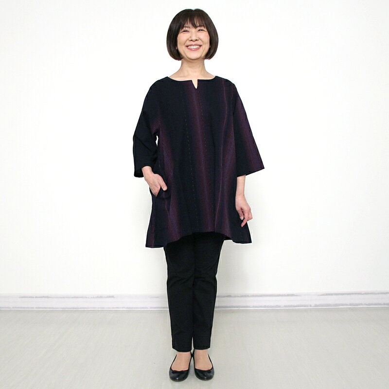 【送料込】宮田織物 ことん 鵯 ひよどり チュニック ブラウス レディース 女性 紺/パープル 春夏秋 日本製 7分袖 綿100％