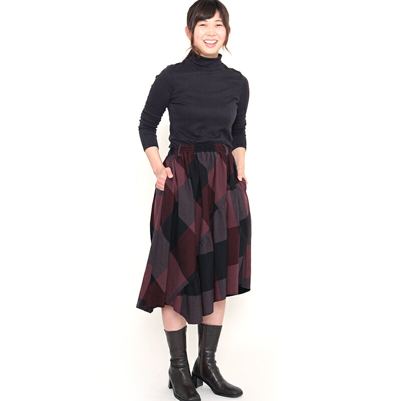 【送料無料】宮田織物 らしか mukudori(むくどり)スカート レディース 春夏秋冬用 日本製 綿100％ ひざ丈 チェック グリーン/パープル フリー