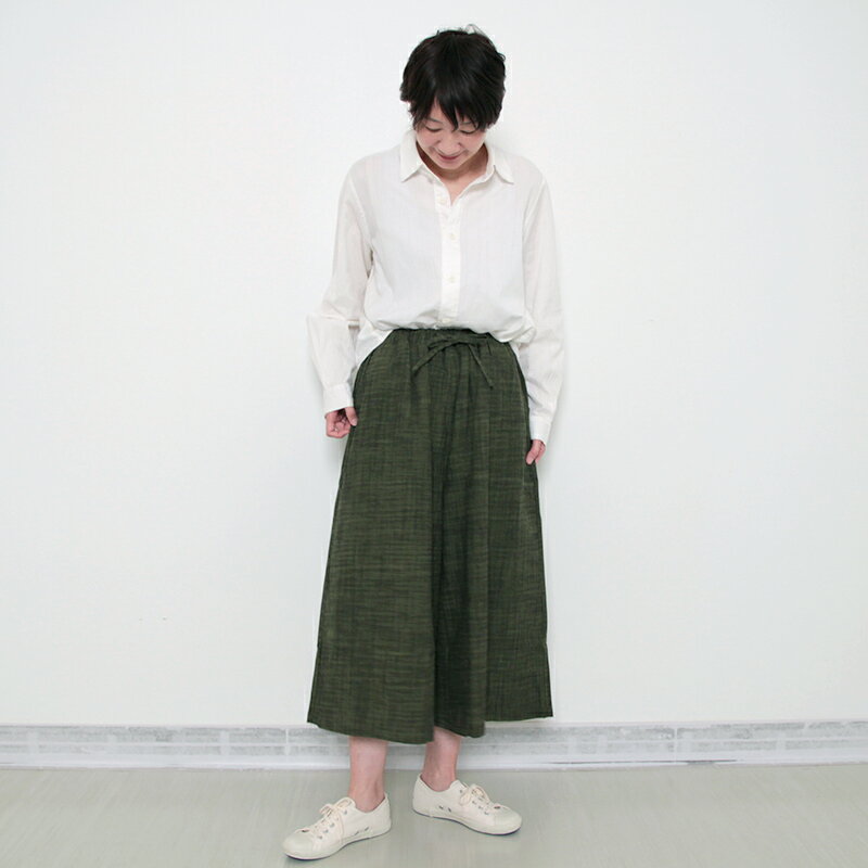 【送料無料】らしか つる豆 ワイドパンツ 7分丈 女性 レディース 母の日 春夏秋用 日本製 表地:綿100％ 裏地:ポリエステル100% 宮田織物 紺 グリーン
