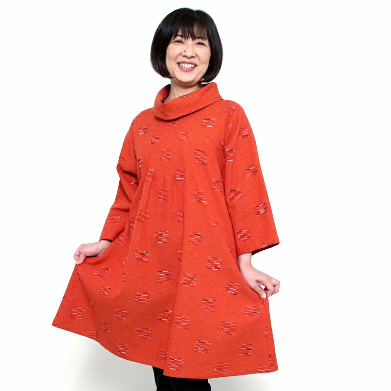 【送料無料】宮田織物 彩藍 飛びスラブ チュニック ブラウス レディース 女性 紺/レンガ 春秋冬 日本製 9分袖 綿100％