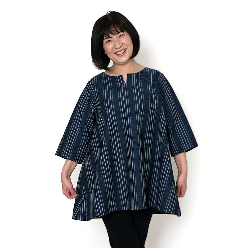 【送料込】宮田織物 彩藍 雪寄草 チュニックブラウス レディース 女性 春夏秋 日本製 7分袖 綿100％ 紺