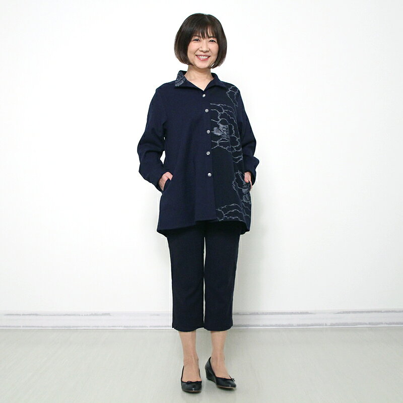 宮田織物 彩藍 牡丹と野風 ブラウザー ブラウス レディース 女性 紺 春秋冬 日本製 長袖 綿100％ 久留米絣使い