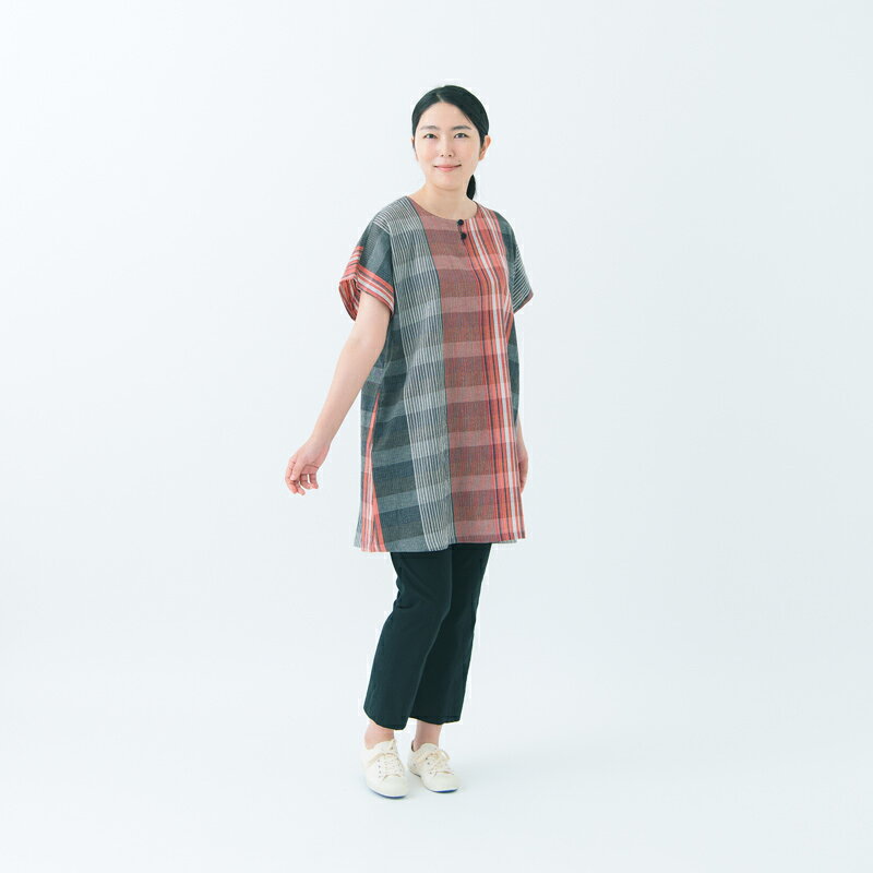【送料無料】宮田織物 彩藍 菖蒲 しょうぶ チュニック ブラウス レディース 女性 春夏秋 日本製 半袖 綿100％ 赤/グリーン