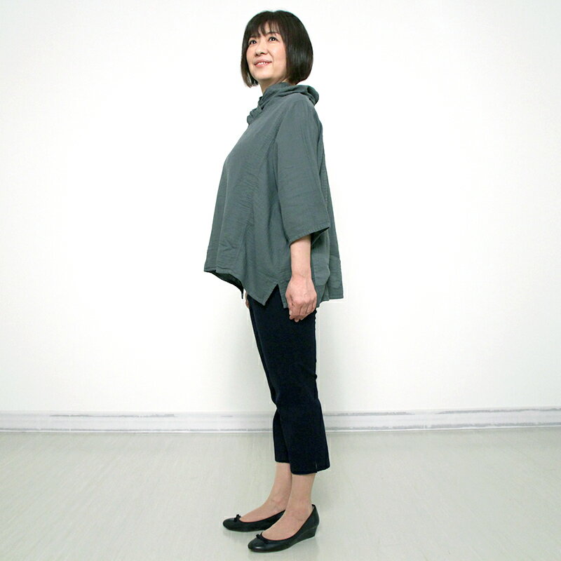 【在庫限り】五感 gokan ダブルガーゼプルオーバー 単色染め 日本製 綿100％ レディース 女性 春夏 5分袖 ブラック/ライトグレー/パープル/モスグリーン 母の日