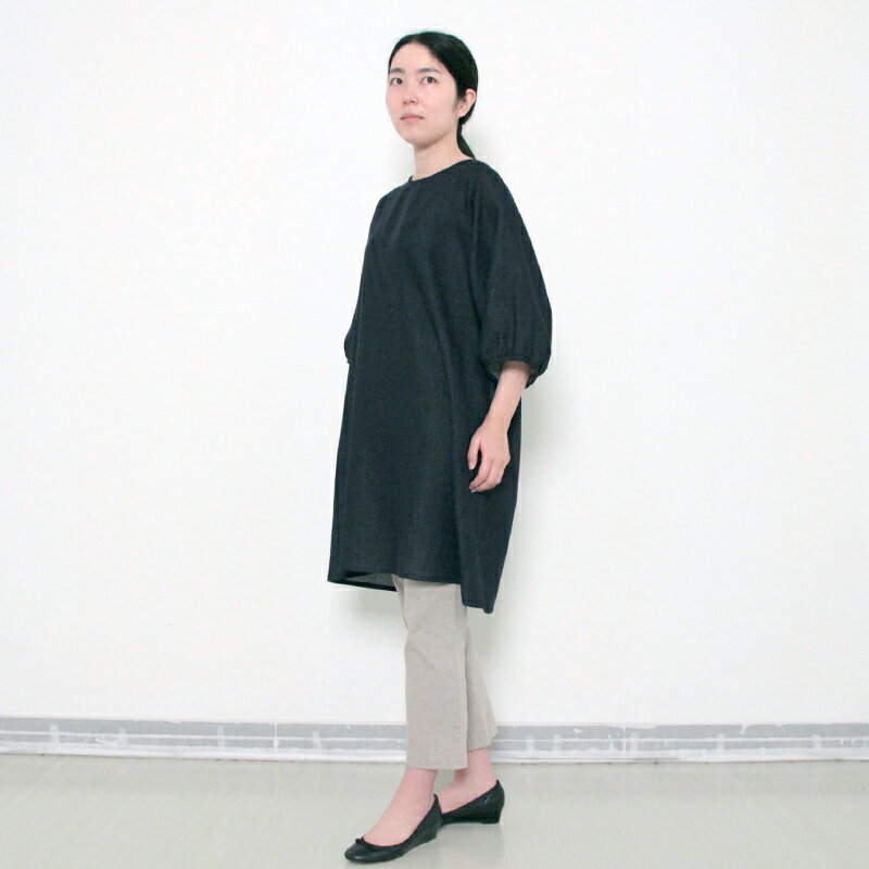 五感 gokan ダブルガーゼラウンドネックチュニック 日本製 綿100％ レディース 女性 春夏秋 7分袖 黒白/ネイビー 母の日
