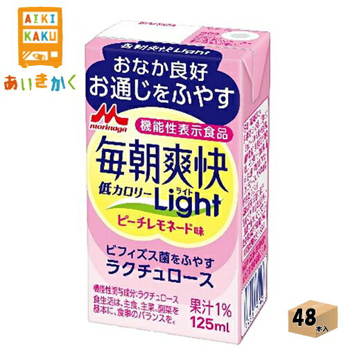 【商品詳細】毎朝爽快ブランドの「おなか良好 お通じをふやす※」 機能性表示食品です。 毎朝爽快比66%オフのうれしい低カロリータイプです。ラクチュロースがおなかのビフィズス菌をふやし、整腸効果をもたらします。ピーチレモネード味でスッキリさわ...