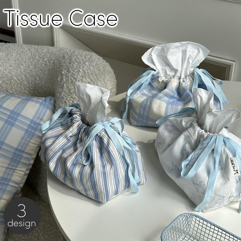 ティッシュケース ソフトティッシュカバー ティッシュ入れ 巾着 袋型 チェック ストライプ 猫 イラスト..