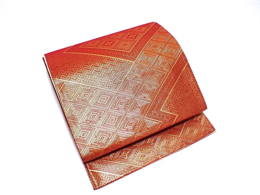 【未使用品】西陣織正絹　白地／赤地　菱文、紗綾形文リバーシブル【呉服的腰帯】【質屋出店】