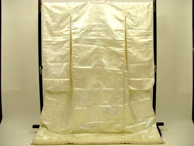 【結婚式】【花嫁衣裳】正絹 打掛・掛下/2点セット/白地・生成/鶴【送料無料】【質屋出店】【中古】