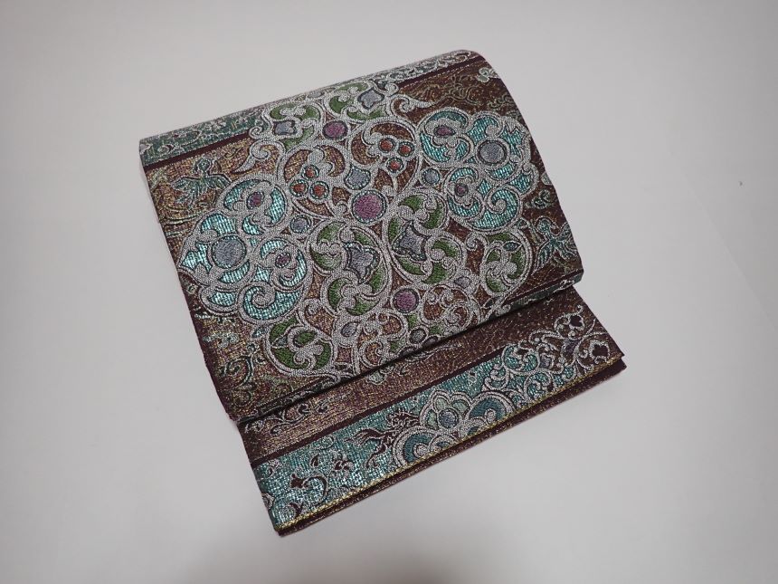 正絹袋帯／茶地華文【質屋出店】