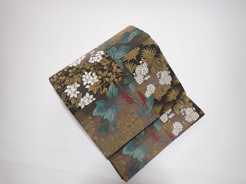 正絹袋帯/茶地に花/リバーシブル和服的腰帯