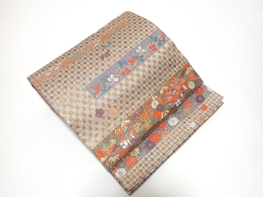 正絹袋帯　銀地に菊／横段【和服的腰帯】【質屋出店】