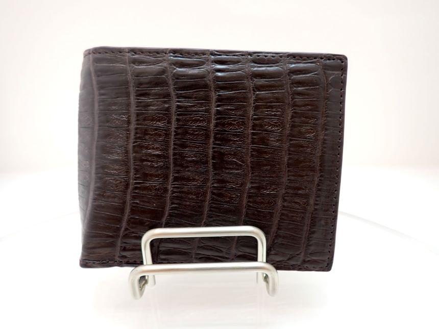 【新品】カイマンクロコダイル　折財布／茶／ワニ革【質屋出店】【送料無料】【男士鰐魚銭包】