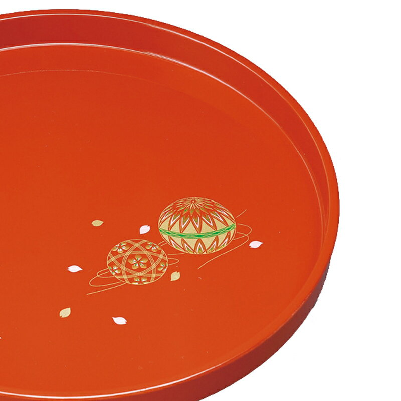 【10％OFF 6/4（木）20時〜】 紀州塗り 紀州漆器 お盆 トレー 30cm 丸盆 朱 赤 レッド 手まり唄 かわいい おしゃれ おぼん トレイ 和柄 日本製 国産 和風 和モダン 上品 木製 漆器 漆塗り 普段使い 来客用 おもてなし