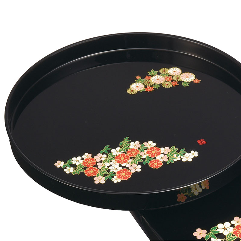 【10％OFF 6/4（木）20時〜】 紀州塗り お盆 トレー 2点セット 長手盆 35.8cm 丸盆 24cm 和み春秋 成願義夫 花 黒 ブラック おしゃれ おぼん トレイ 日本製 国産 和風 和モダン 上品 木製 漆器 漆塗り 普段使い 来客用 おもてなし ギフト プレゼント
