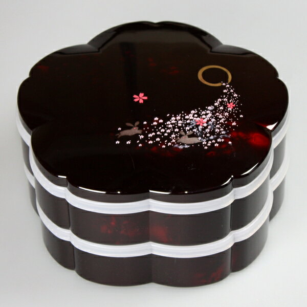 【最大300円OFFクーポン有】 紀州塗り 7.5寸 桜型 二段オードブル 重箱 別甲調 べっ甲風 桜うさぎ シール蓋付 運動会 大型 弁当箱 おしゃれ 2段 ...