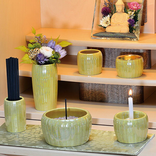 鳳華6点セット 美濃焼 ライムイエロー 仏具セット 具足 仏具のセット ほうか 具足 花立 灯立 香炉 茶湯器 仏器 線香差し の6点セット 送料無料 華瓶 【20251116】