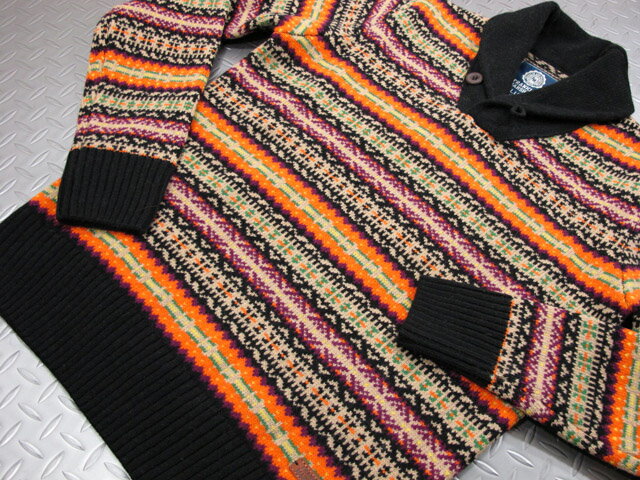 【SALE】30%OFF★FRANKLIN＆MARSHALL / フランクリンアンドマーシャル KNITWEAR WOOL V NECK LONG へちま衿セーター/ショールカラーセーター BLACK(ブラック×オレンジ×パープル)