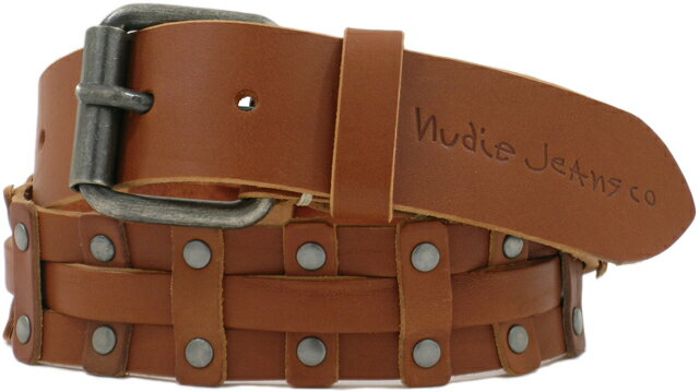 スタッズベルト ベルト（メンズ） nudie Jeans co(ヌーディージーンズ） “PLEAT STUD BELT” (プリーツスタッズベルト) COGNAC(コニャック・ブラウン)