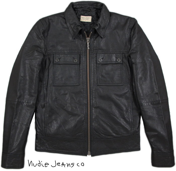 Nudie Jeans co/ヌーディージーンズ“HEATH” LEATHER JACKET ラムレザージャケット/襟付きレザージャケット BLACK(ブラック)