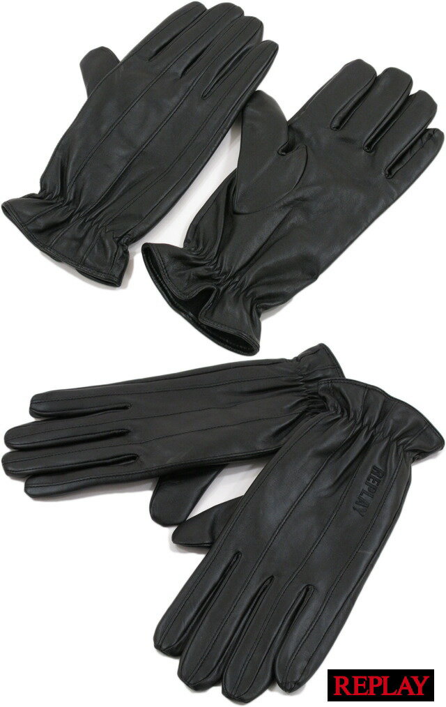 REPLAY(リプレイ) AM6015 GLOVES(刺繍ロゴ入り、レザーグローブ) BLACK(ブラック) 【YDKG-tk】【toukai1】【smtb-tk】