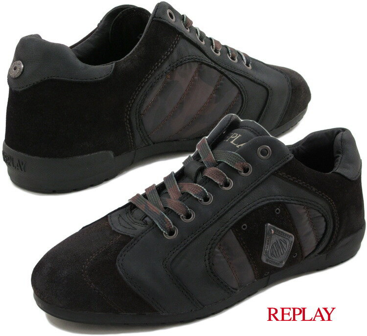 REPLAY/リプレイ Leather Sneakers “PRESS” CAMO柄使い、レザースニーカー 090-DK BROWN/BLACK(ダークブラウン×ブラック)/GMS22