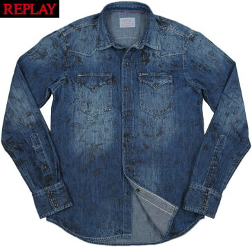 REPLAY/リプレイ M4860P L/S DENIM WESTERN SHIRT プリント柄入り、デニムウェスタンシャツ