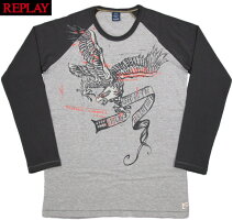 アメカジ風のシンプルシックなデザインが◎REPLAYのラグランスリーブ・カットソー★REPLAY,リプレイ,M6330,L/SRAGLANBASEBALLT-SHIRT,プリント入り、長袖ラグランベースボールTシャツ,A.BLACK/H.GREY(アンティークブラック×ヘザーグレー)