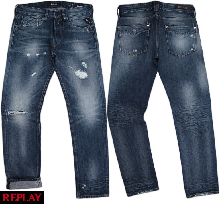 REPLAY/リプレイMA955 NEWBILL COMFORT-FIT JEANSクラッシュ＆リペア、コンフォートフィットジーンズ“ニュービル” 13oz GREEN CAST FLAT DENIM