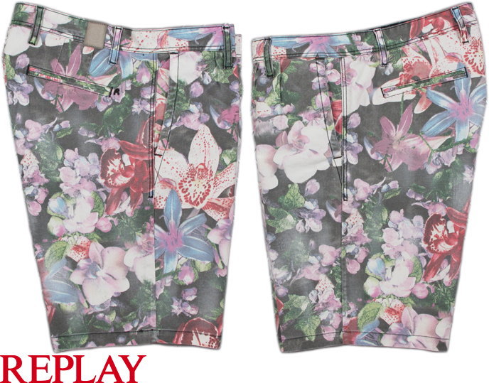【SALE】30%OFF★REPLAY/リプレイM9523AFLORAL GABARDINE BERMUDA SHORTSボタニカルプリント入り、ストレッチショーツ/花柄ショートパンツMULTICOLOR FLOWER(マルチカラーフラワー)
