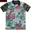 REPLAY/リプレイ M3194B ALL-OVER PRINTED COTTON POLO SHIRTSボタニカル＆カモフラージュ総柄プリント、半袖ポロシャツHAWAI/CAMO(ハワイアン＆カモ)