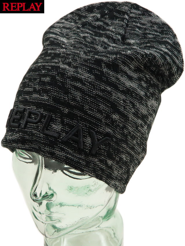 REPLAY/リプレイ AM4210 BEANIE アクリルビーニー/ニットキャップ WHITE BLACK(ホワイト×ブラック)