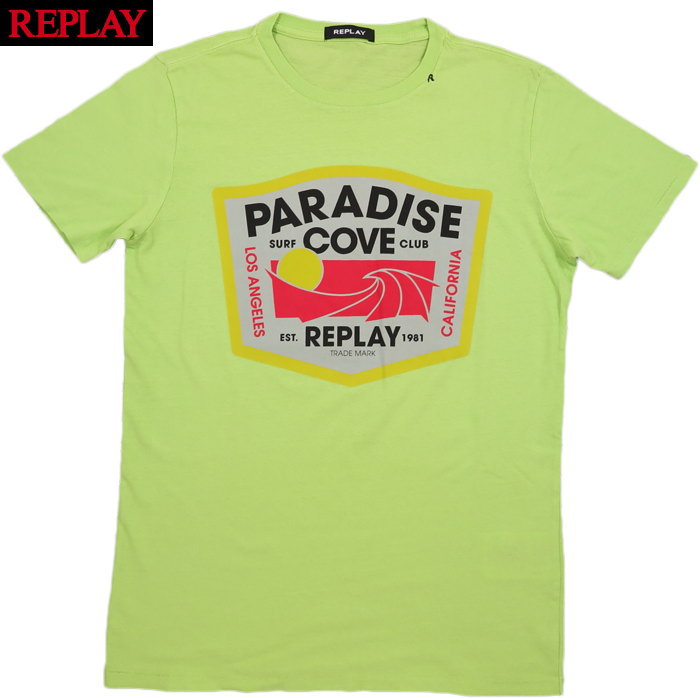 REPLAY/リプレイ M3762 PARADISE COVE T-SHIRT プリント入り、カットソー/半袖プリントTシャツ ACID GREEN(アシッドグリーン)