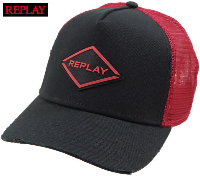 楽天ストリートファッションMIYOSHIYAREPLAY/リプレイ AM4233 REPLAY CAP WITH BREAKAGES ラバーロゴ付き、メッシュキャップ BLACK-GLOSS RED（ブラック×レッド）