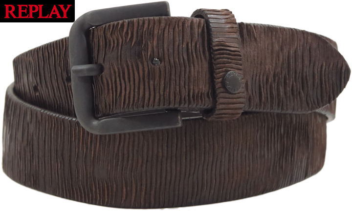 REPLAY/リプレイ AM2624 LEATHER BELT WITH CARVING EFFECT 型押しレザーベルト PINO(チョコレートブラウン)