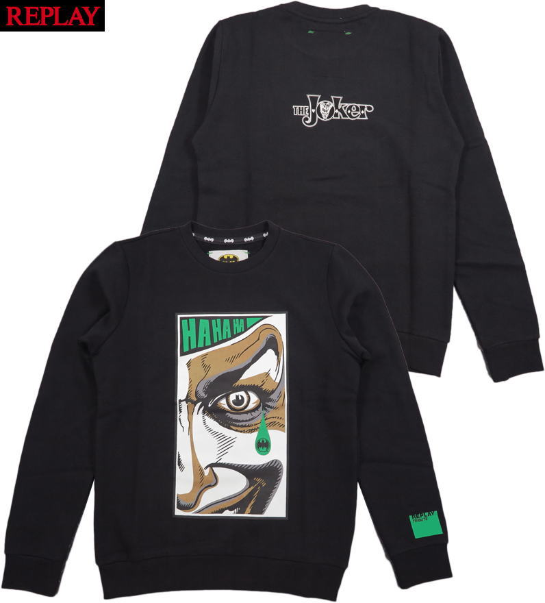 REPLAY/リプレイ M3574 CREWNECK SWEATSHIRT WITH REPLAY TRIBUTE LIMITED EDITION BATMAN E JOKER GLITTER PRINT バットマンスウェットシャツ/ジョーカートレーナー BLACK(ブラック)