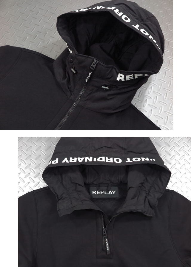 REPLAY,リプレイ,M3503,NOTORDINARYPEOPLEREPLAYHOODIE,ハーフジップパーカ,プリントパーカーフーディー,BLACK(ブラック)