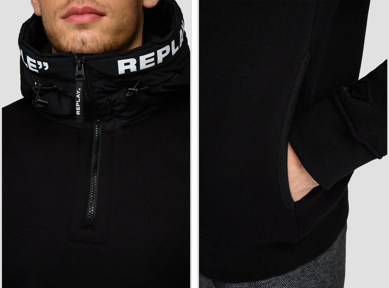 REPLAY,リプレイ,M3503,NOTORDINARYPEOPLEREPLAYHOODIE,ハーフジップパーカ,プリントパーカーフーディー,BLACK(ブラック)