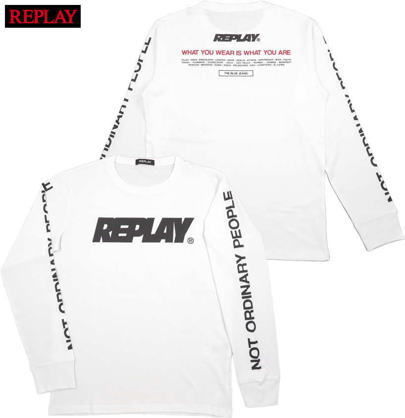 REPLAY/リプレイ M6310 LONG-SLEEVED T-SHIRT WITH PRINT 長袖プリントTシャツ/REPLAYロゴ入り長袖カットソー WHITE ホワイト 