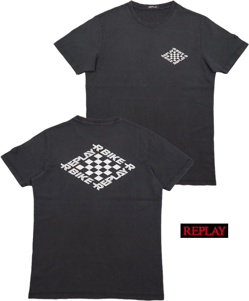 REPLAY/リプレイ M6025 REPLAY BIKE PRINT JERSEY T-SHIRT ひび割れバックプリントTシャツ/カットソー BLACKBOARD(ブラックボード)