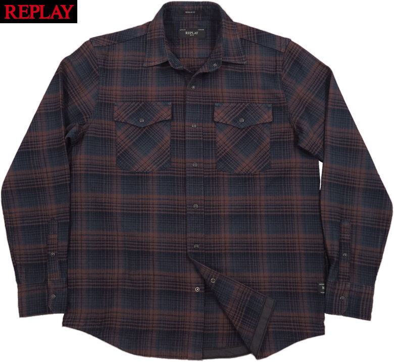 REPLAY,ץ쥤,M4067A,CHEQUEREDREGULAR-FITSHIRT,åȥĥå/å,BROWN/INDIGO(֥饦ߥǥͥӡ)