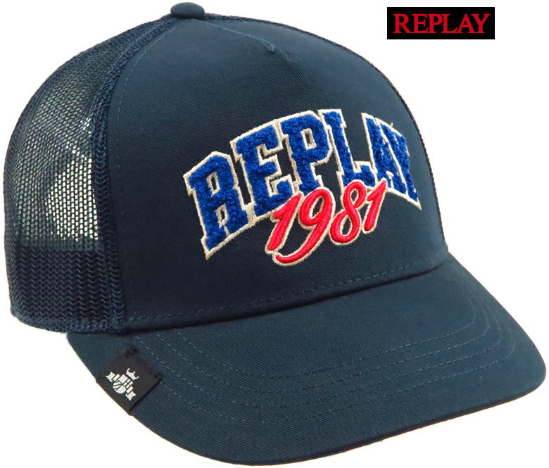 REPLAY/リプレイ AM4411 BASEBALL CAP WITH TWO-TONE LOGO サガラ刺繡ロゴ入り、メッシュキャップ DRESS BLUES(ネイビーブルー)