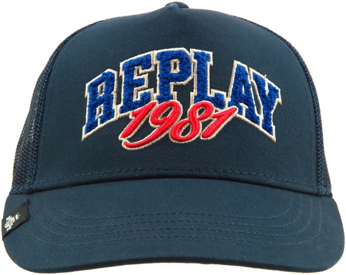 REPLAY/リプレイ AM4411 BASEBALL CAP WITH TWO-TONE LOGO サガラ刺繡ロゴ入り、メッシュキャップ DRESS BLUES(ネイビーブルー)