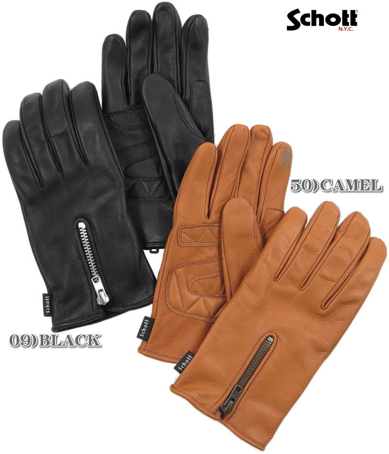 Schott/ショット ZIP LEATHER GLOVE ジップレザーグローブ/スマホ対応レザーグローブ Lot;No.3109075