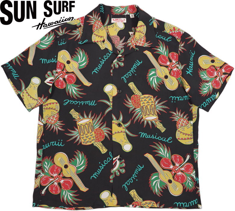 SUN SURF/サンサーフ S/S RAYON HAWAIIAN SHIRT “HAWAII MUSICAL” 半袖レーヨン・アロハシャツ/ハワイアンシャツ「ハワイ ミュージカル」 119) BLACK(ブラック)/Lot No. SS39018