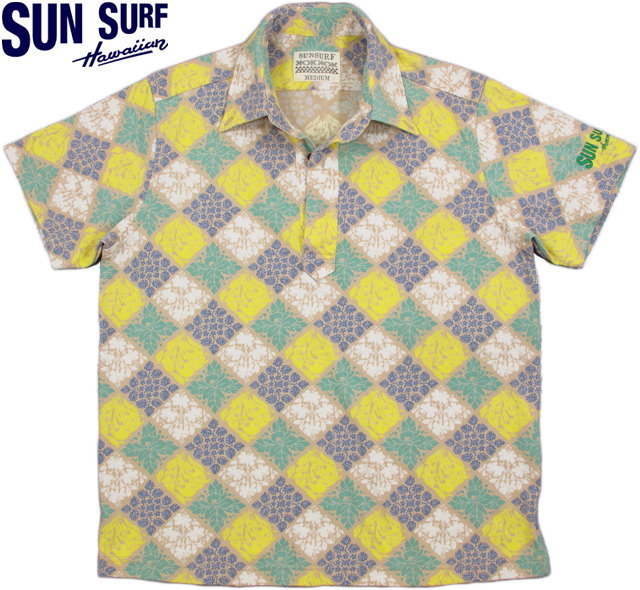 SUN SURF/サンサーフ“HAWAIIAN QUILT”PLAIN KNIT FABRIC S/S PULLOVER B.D.SHIRT ハワイアンキルト柄プリント入り、ニットファブリック半袖ボタンダウンシャツ/ポロシャツBEIGE(ベージュ)/SS76930