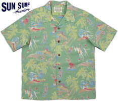 清涼感のある着心地が魅力★SUNSURF,サンサーフ,“PA'URIDER”パウ・ライダー,C85%×L15%SLUBYARNS/SOPENSHIRT,コットン×リネン、スラブヤーン・半袖アロハシャツ,コットンハワイアンシャツ,SS37263,GREEN(グリーン)