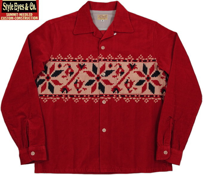 STYLE EYES/スタイルアイズ“SNOWFLAKE”CORDUROY L/S SPORTS SHIRT スノーフレーク柄コーデュロイオープンカラーシャツ/スポーツシャツ RED(レッド)/SE27722