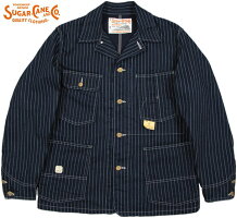 ネイビーの生地に抜染でドット柄をデザイン★SUGARCANE,シュガーケーン,9oz.WABASHSTRIPEWORKCOAT,ウォバッシュストライプ・ワークコート,カバーオールジャケット,A/NAVY(ネイビー),SC14001